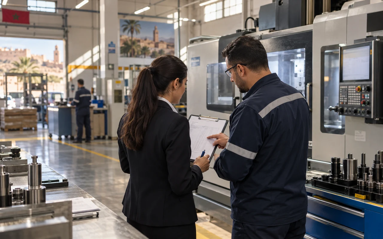 Comptable et responsable d’atelier vérifiant le registre d’amortissement des machines