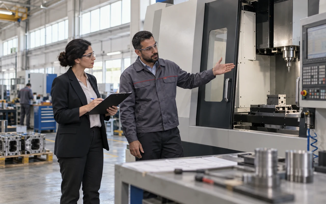 Comptable et ingénieur vérifiant le registre des immobilisations près d’une machine industrielle
