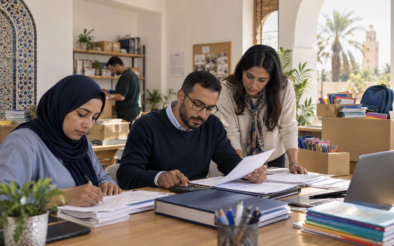 Bénévoles d’une association examinant les comptes près de fournitures scolaires