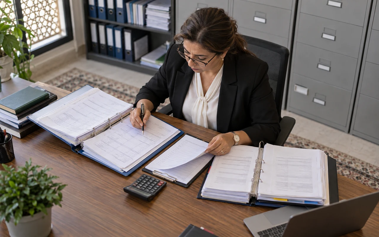 Auditeur comparant les dossiers de paie et les pièces justificatives des salariés