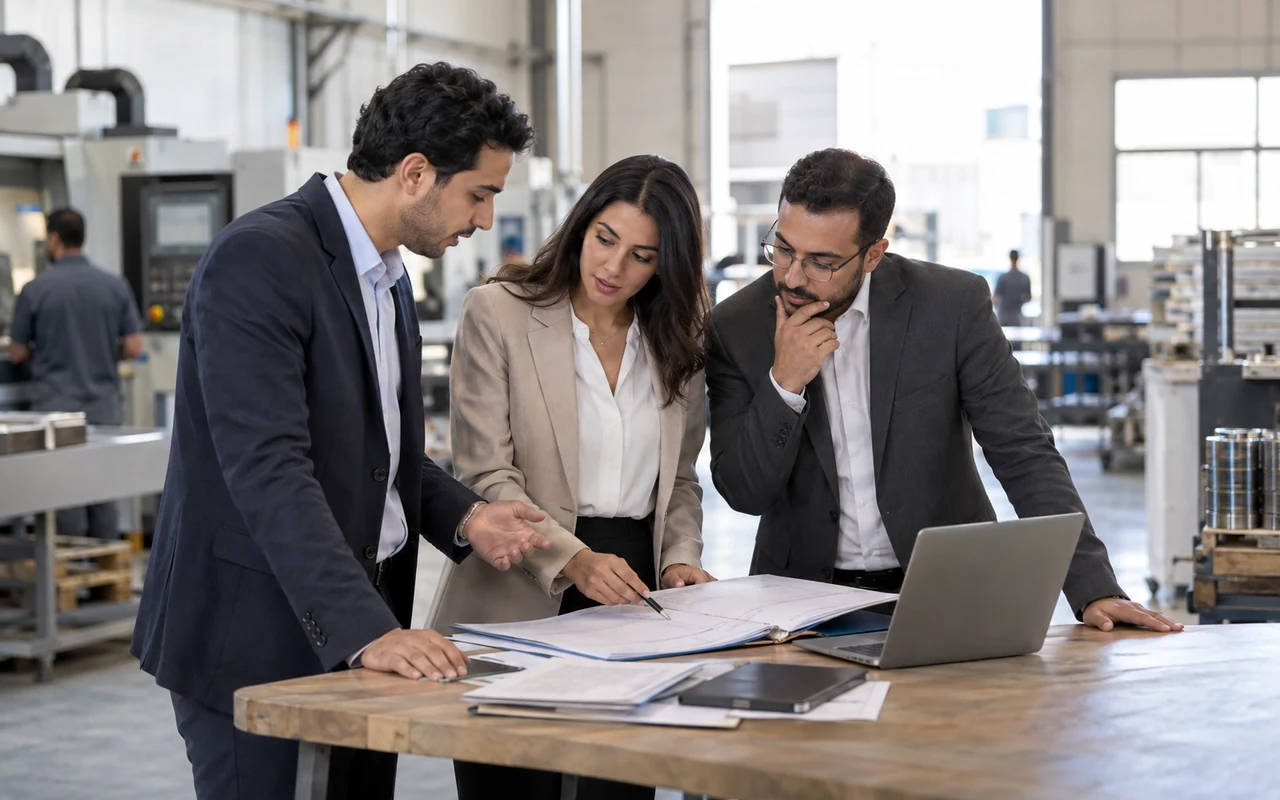 Associés examinant un projet d’augmentation de capital dans leur atelier industriel