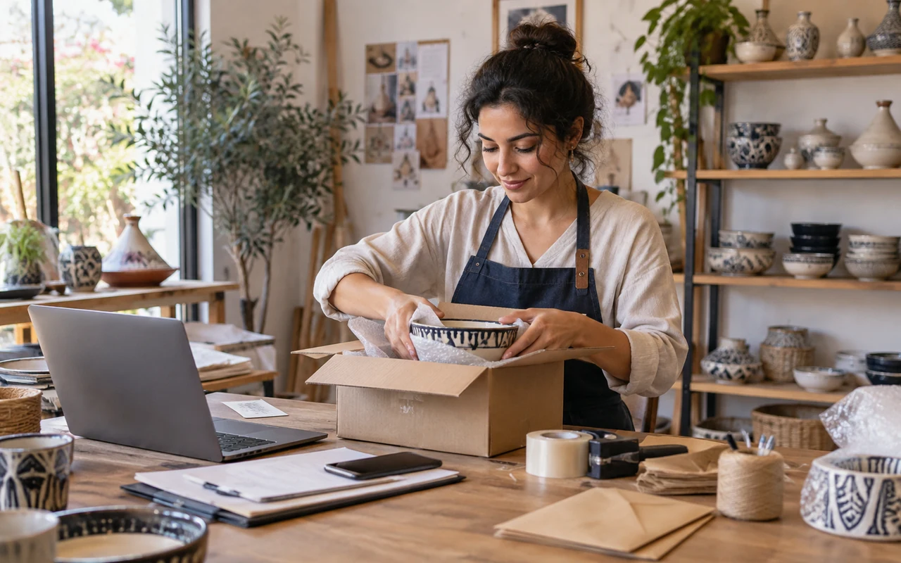 Entrepreneuse emballant une céramique dans son atelier, près de son ordinateur