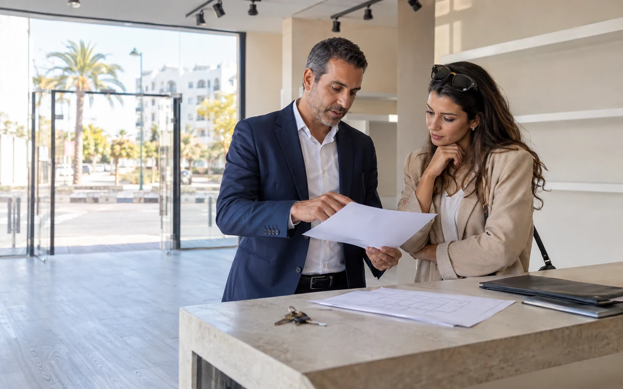 Propriétaire et conseillère étudiant un bail dans un local commercial