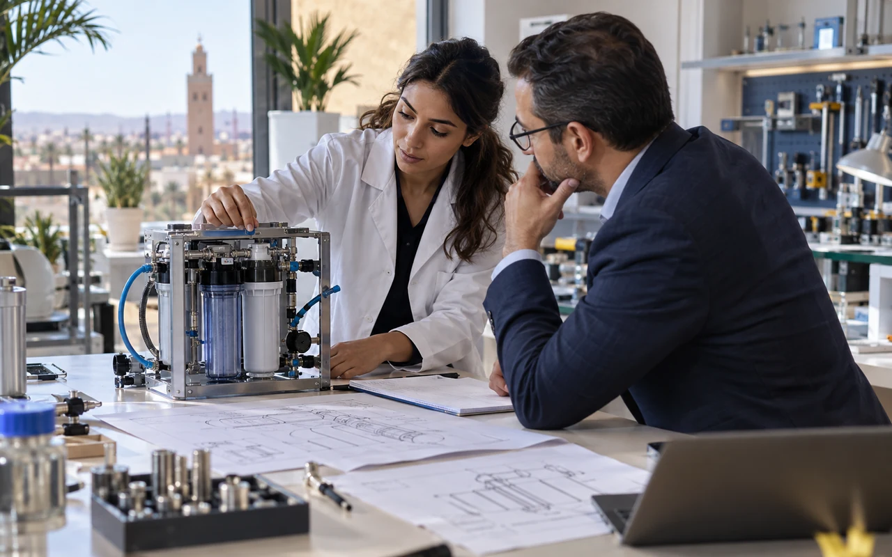 Inventrice présentant un prototype de filtration d’eau à un conseiller en brevets