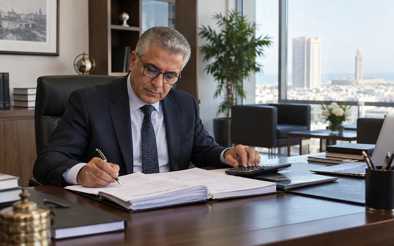 Expert examinant les comptes annuels avec une calculatrice dans un bureau marocain