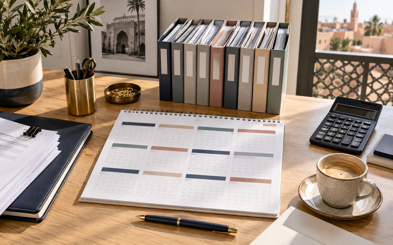Calendrier de travail, dossiers mensuels et calculatrice sur un bureau fiscal