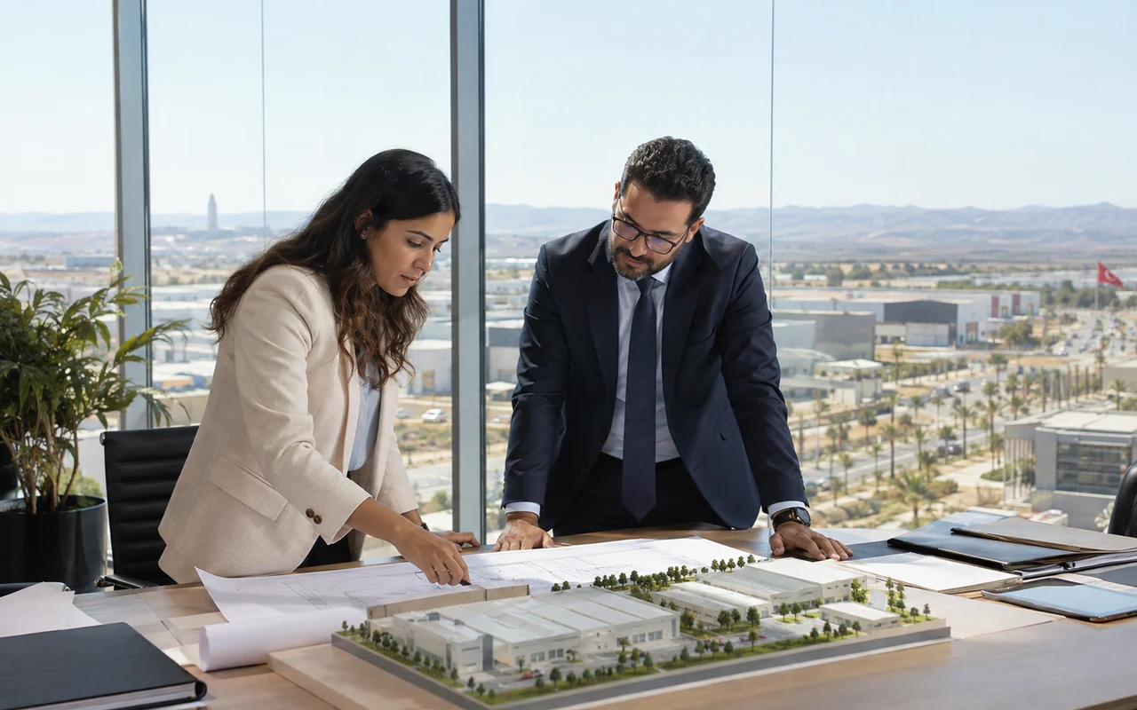 Responsables examinant les plans et la maquette d’un projet industriel au Maroc