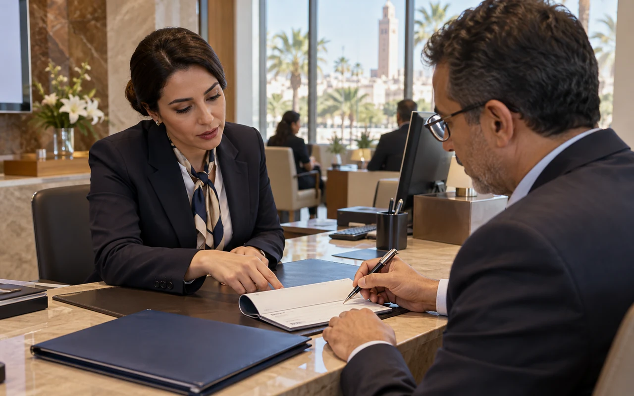 Client et conseillère bancaire vérifiant un chéquier avant sa signature