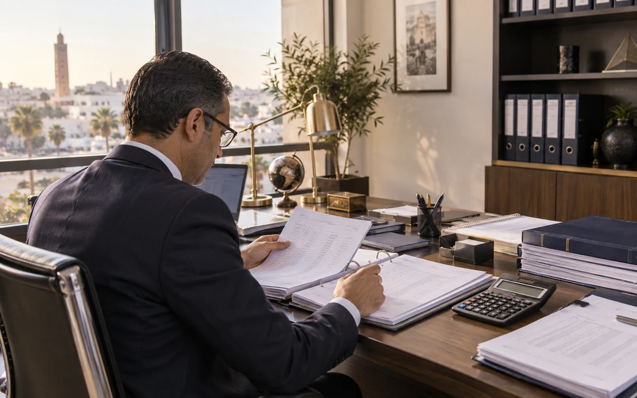 Comptable rapprochant les pièces nécessaires à la clôture annuelle