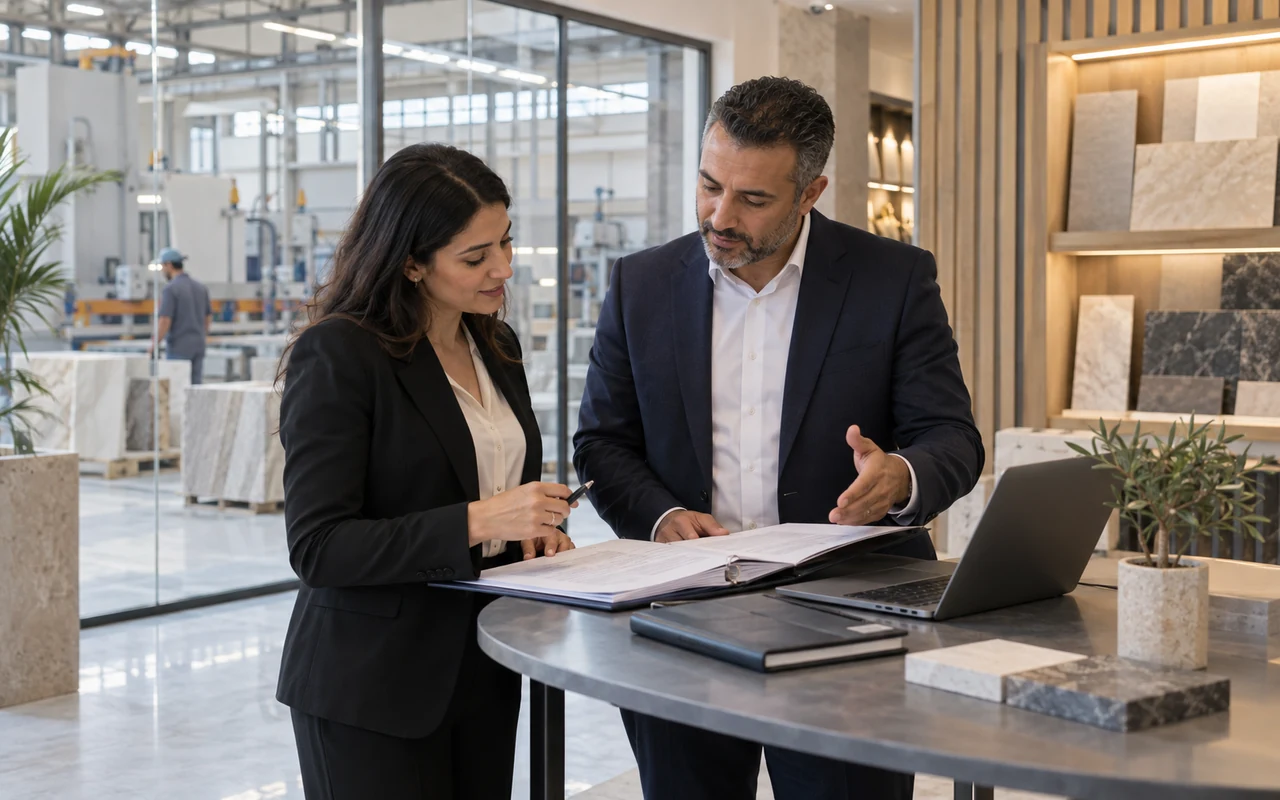 Conseiller et dirigeant évaluant une entreprise à partir de ses comptes et de ses équipements