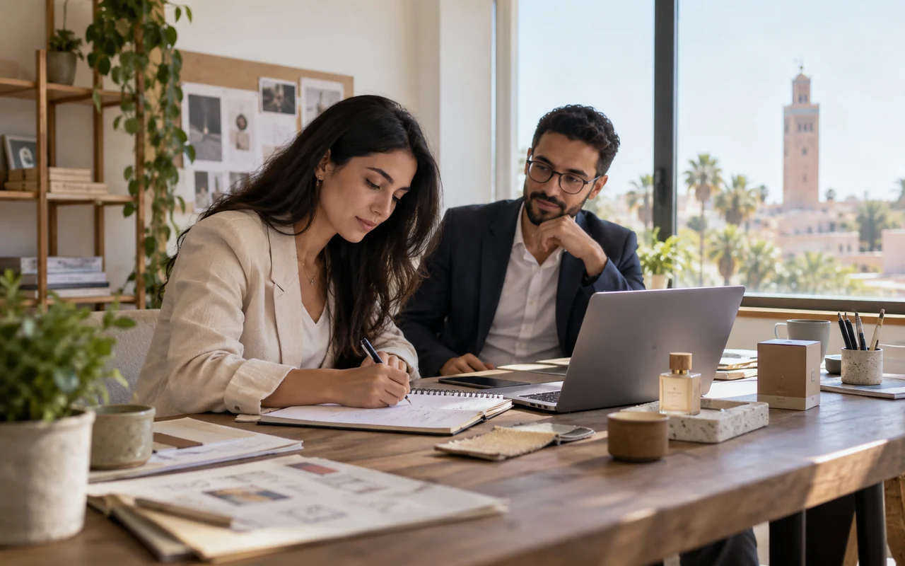 Entrepreneuse préparant son plan d’affaires avec un conseiller et des échantillons de produits