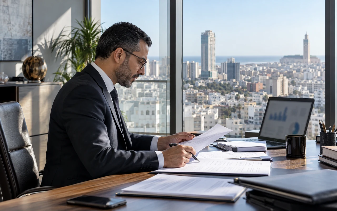 Commissaire aux comptes examinant un dossier financier dans un bureau à Casablanca
