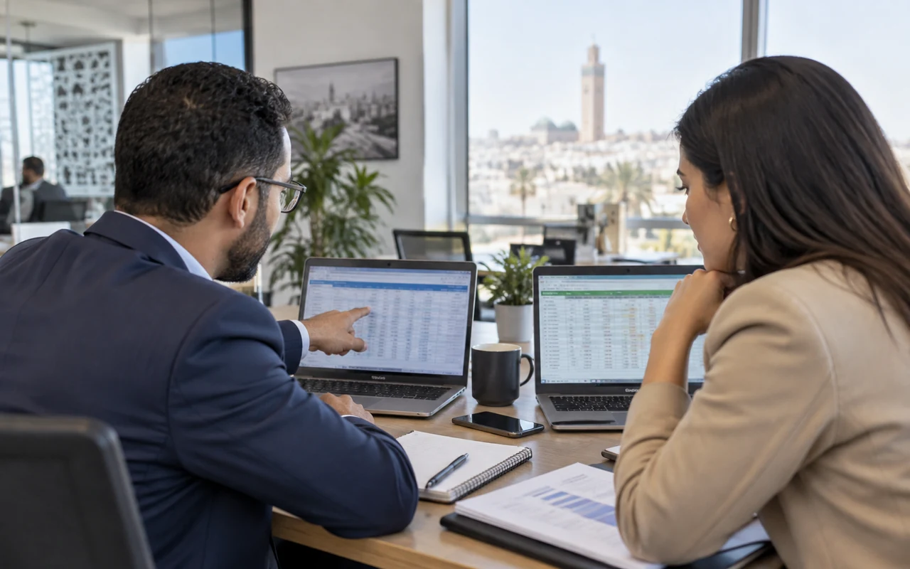 Spécialiste et responsable RH comparant deux logiciels de paie sur ordinateur