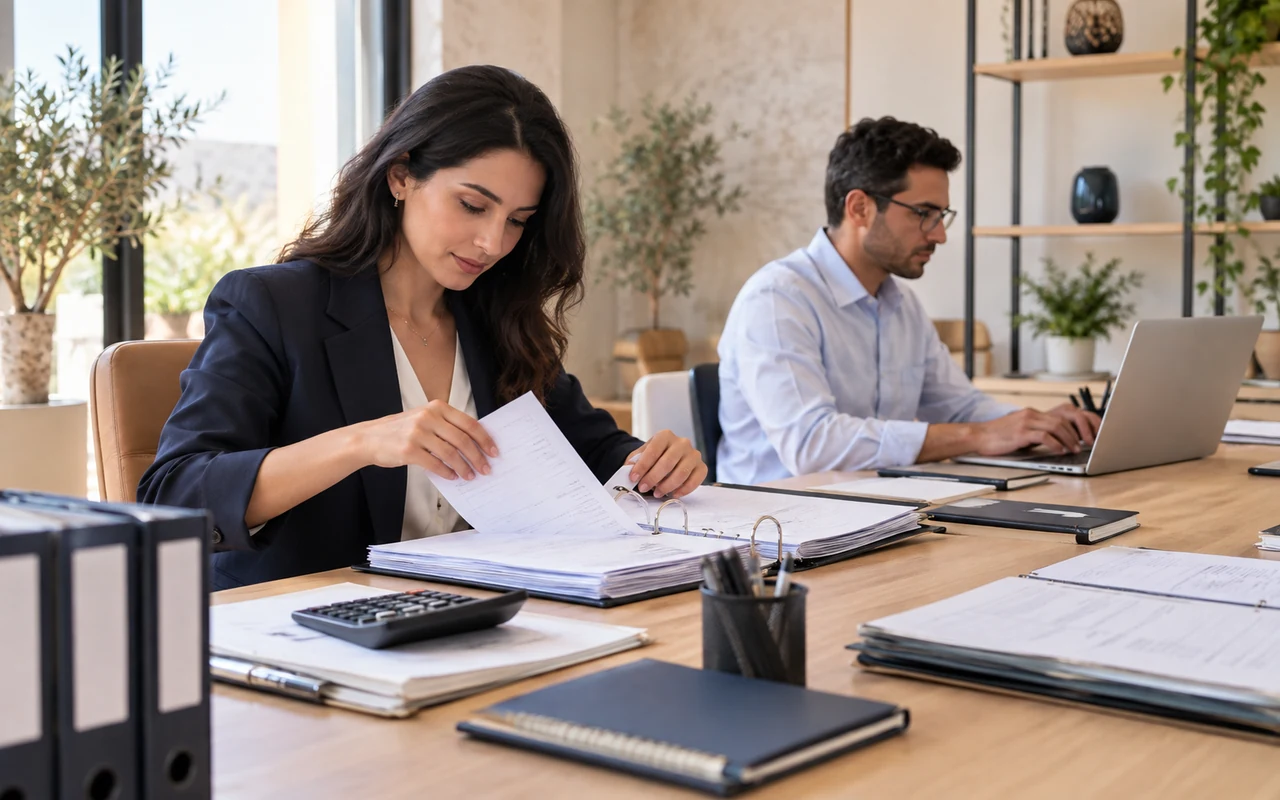 Comptables classant les factures et enregistrant les écritures sur ordinateur