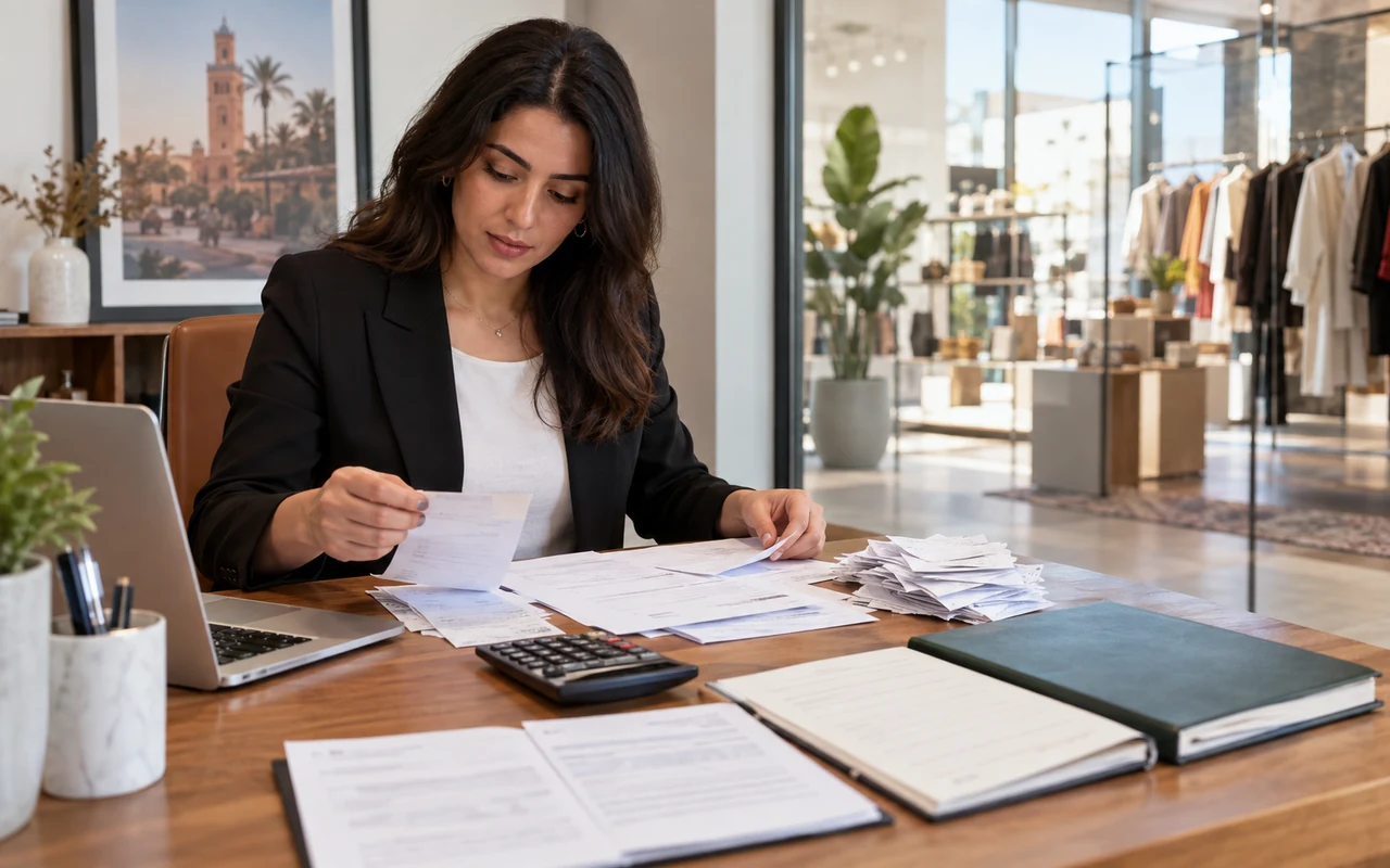 Professionnelle classant les factures et justificatifs comptables d’un commerce