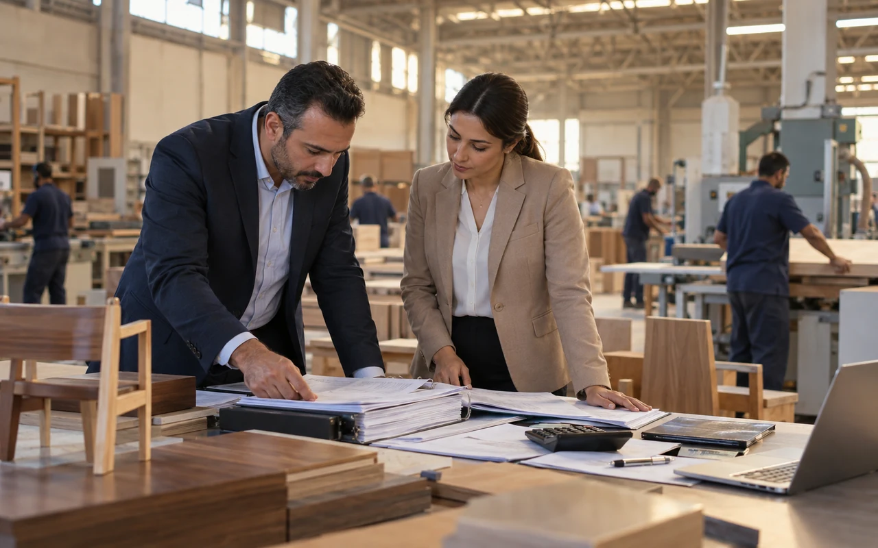 Responsables examinant les comptes au sein d’un atelier de fabrication de mobilier