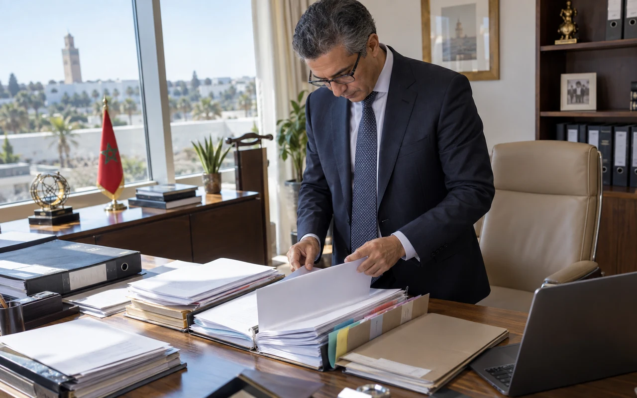 Contrôleur préparant un dossier fiscal à onglets avec ses pièces justificatives