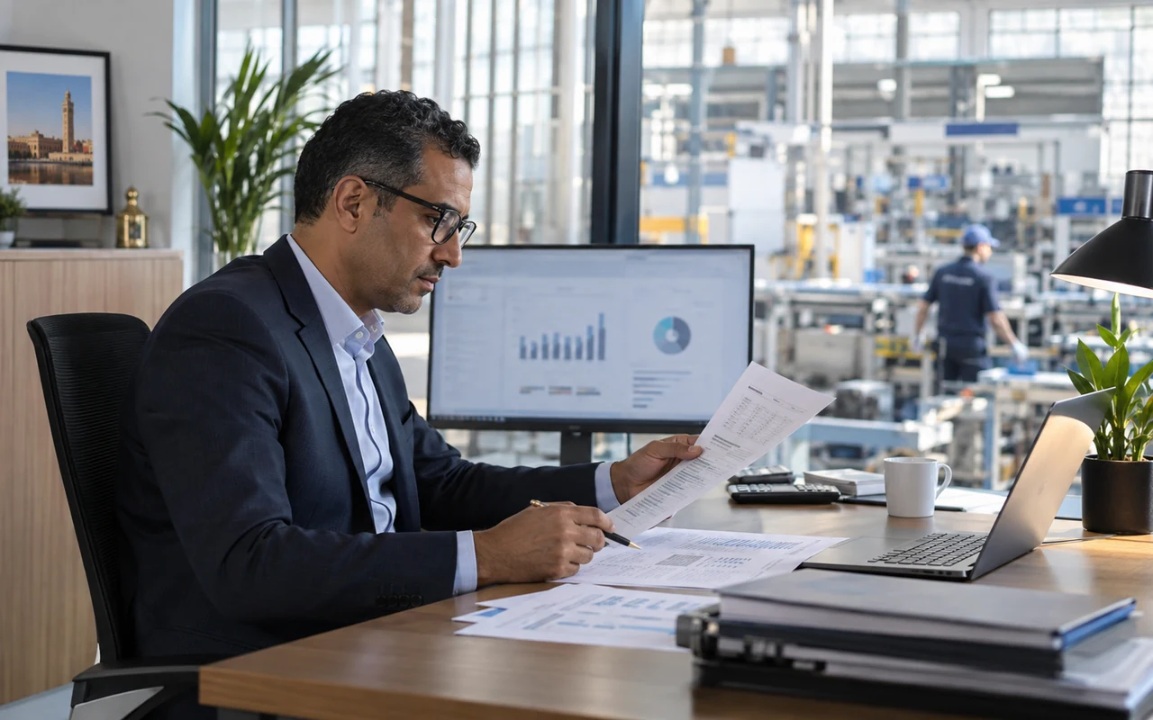 Contrôleur de gestion comparant des budgets dans un bureau donnant sur une usine