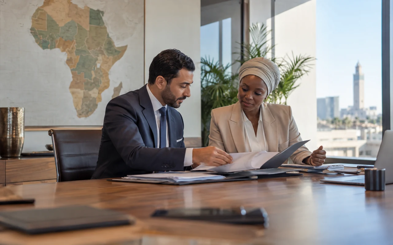 Professionnels marocain et sénégalais étudiant un accord devant une carte de l’Afrique