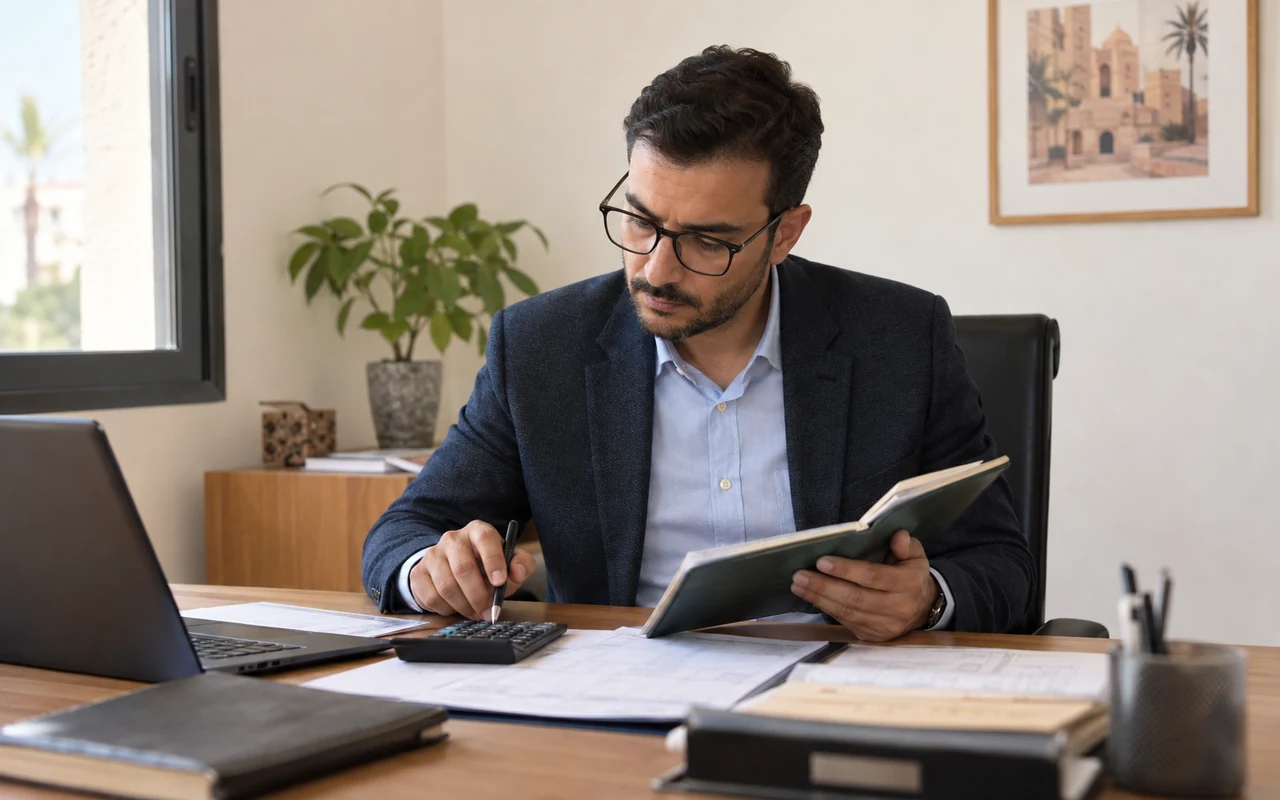Comptable comparant un registre de recettes et un calcul fiscal