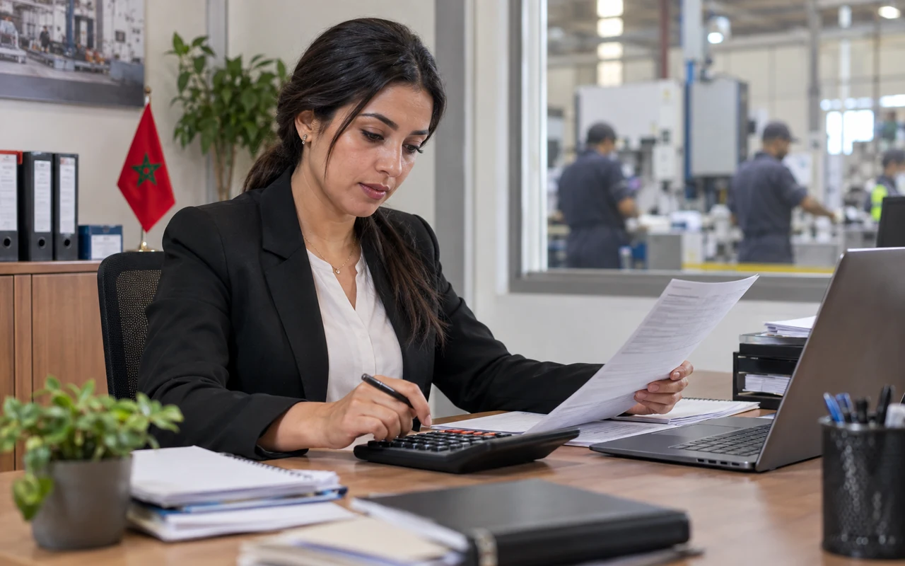 Gestionnaire calculant les cotisations de paie dans les bureaux d’une usine