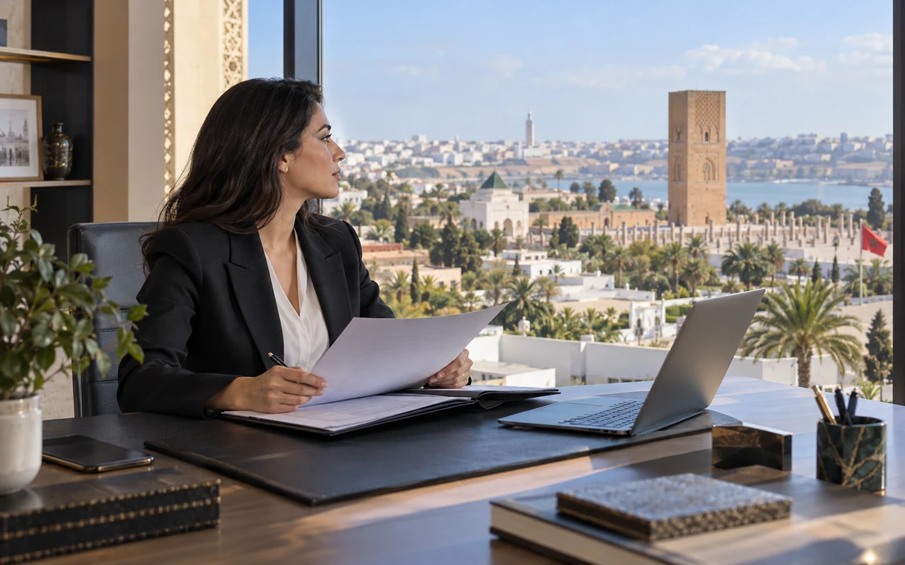 Préparation d’une immatriculation dans un bureau avec vue sur Rabat
