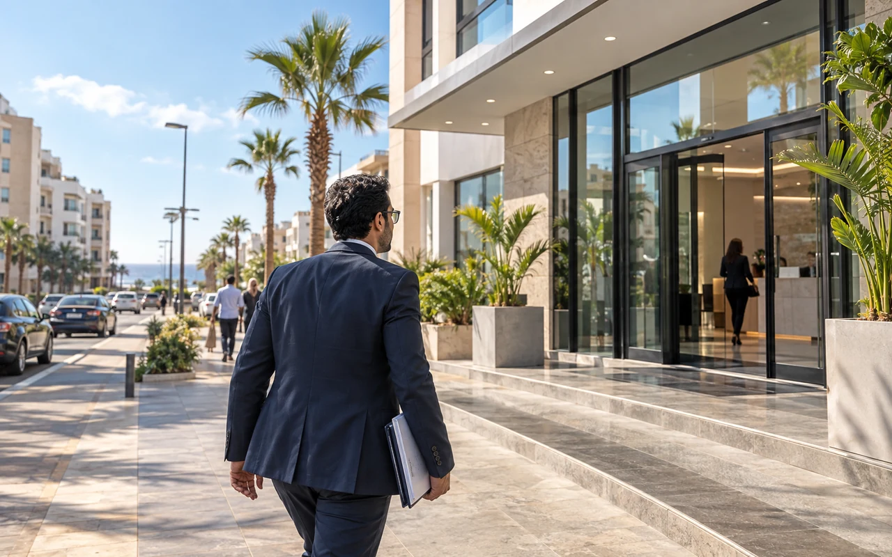 Entrepreneur arrivant dans un immeuble professionnel à Témara pour son projet de société