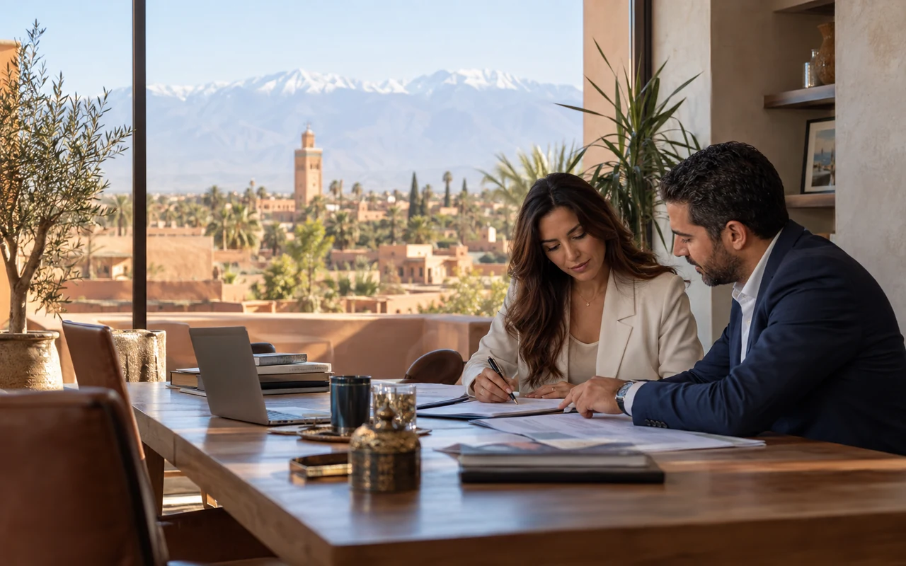 Entrepreneurs préparant leur implantation à Marrakech devant un panorama de la ville