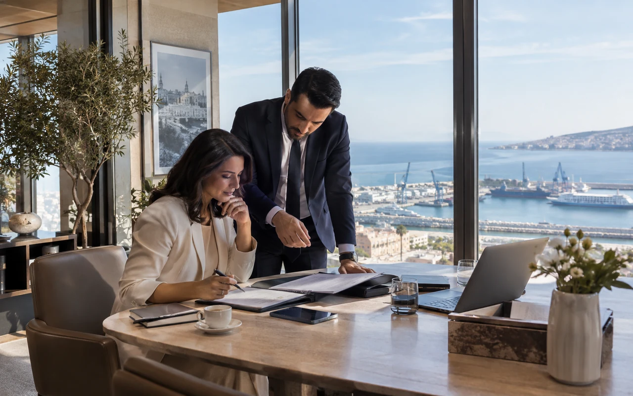 Entrepreneurs étudiant leur projet de société dans un bureau donnant sur le port de Tanger