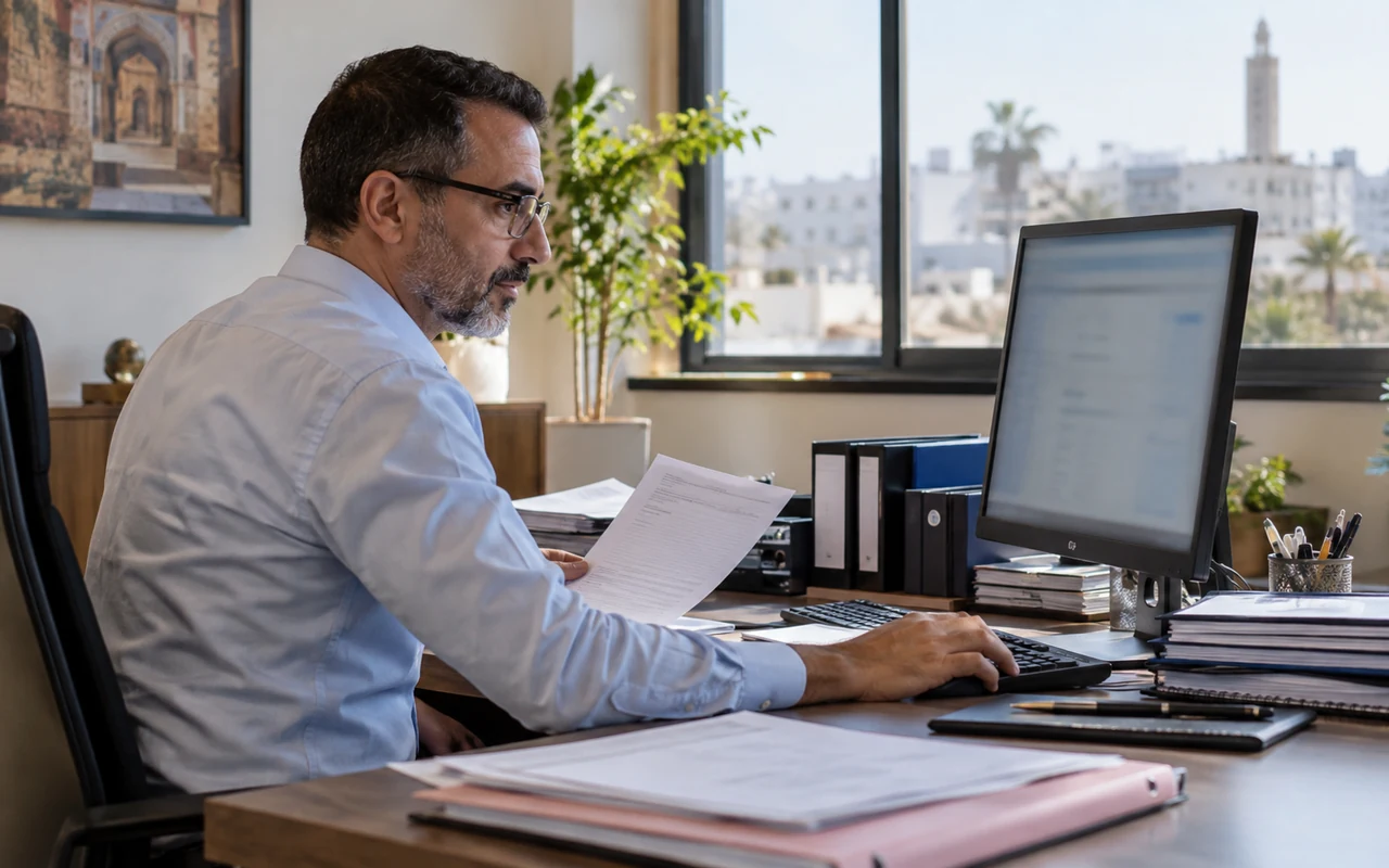 Gestionnaire de paie préparant une déclaration sociale devant son ordinateur