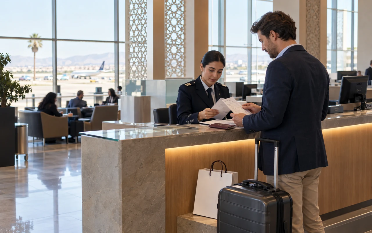 Voyageur présentant ses reçus à un comptoir de détaxe dans un aéroport