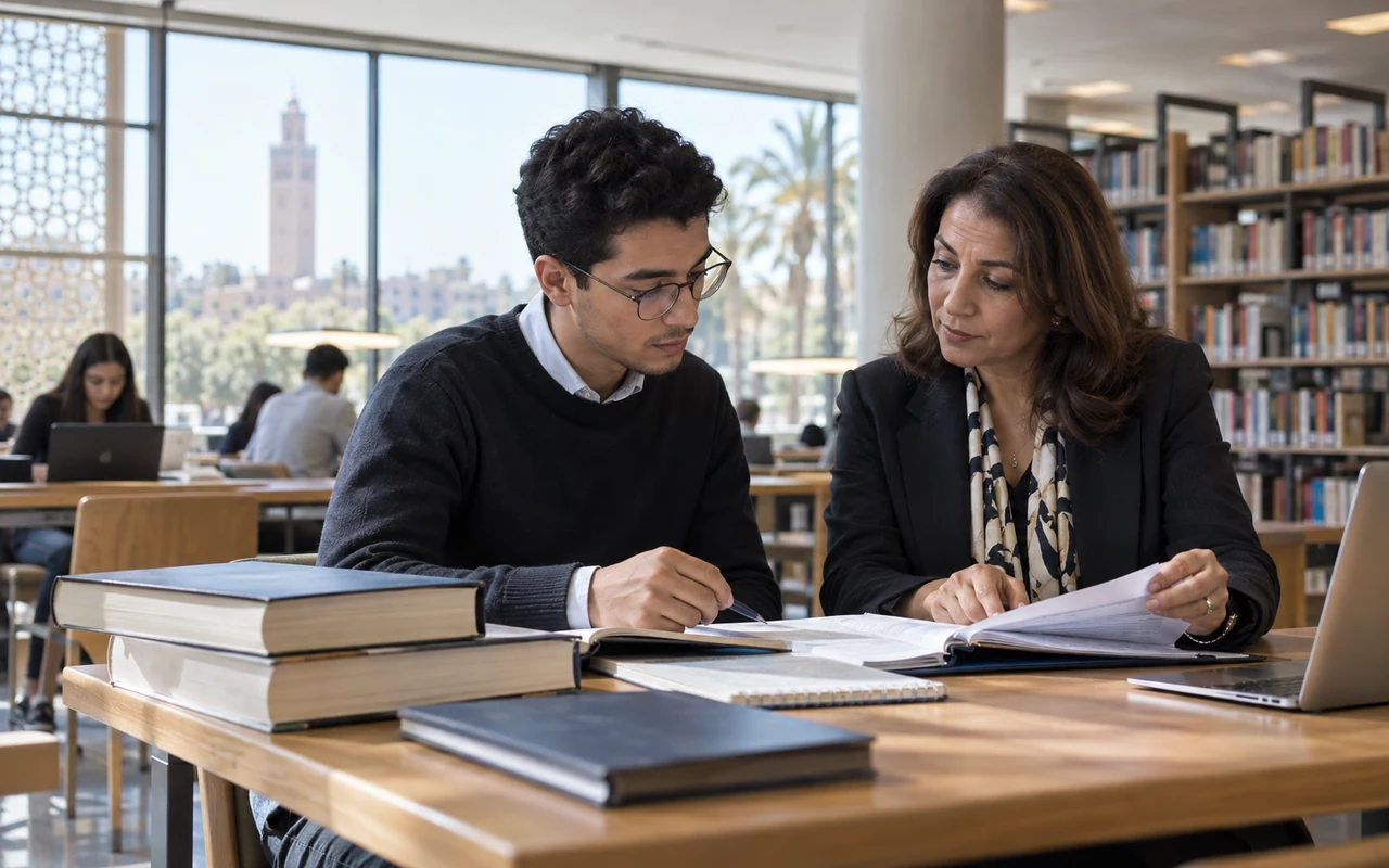 Étudiant en expertise comptable et mentor consultant des ouvrages dans une bibliothèque