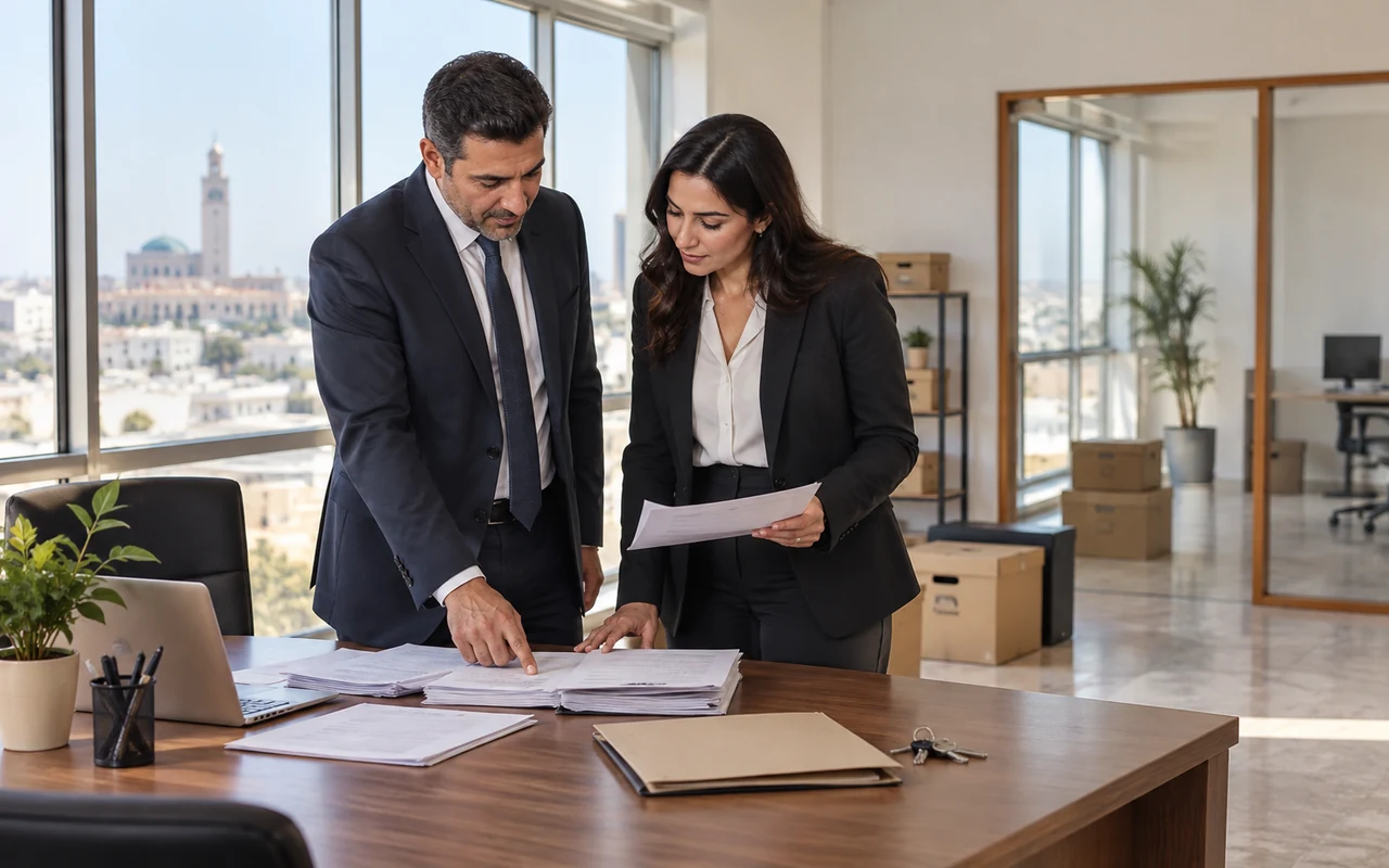 Dirigeants examinant les documents de dissolution dans des bureaux en cours de fermeture