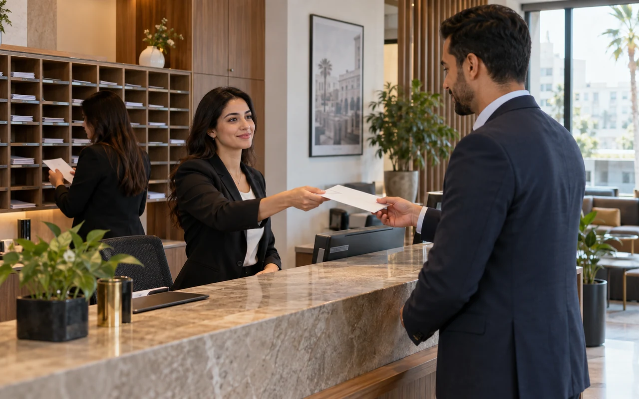 Remise du courrier d’une entreprise à l’accueil d’un centre de domiciliation