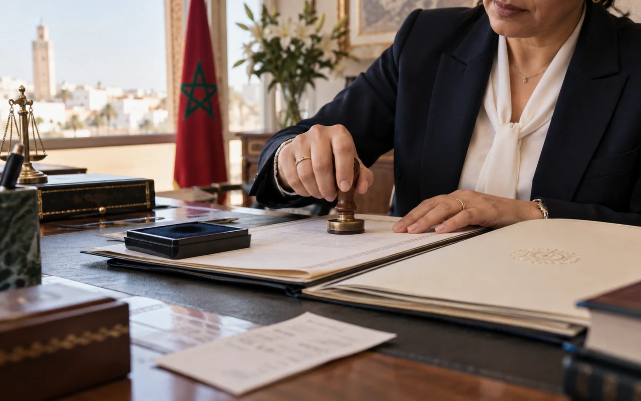 Acte, tampon et pièces justificatives sur le bureau d’un professionnel du droit