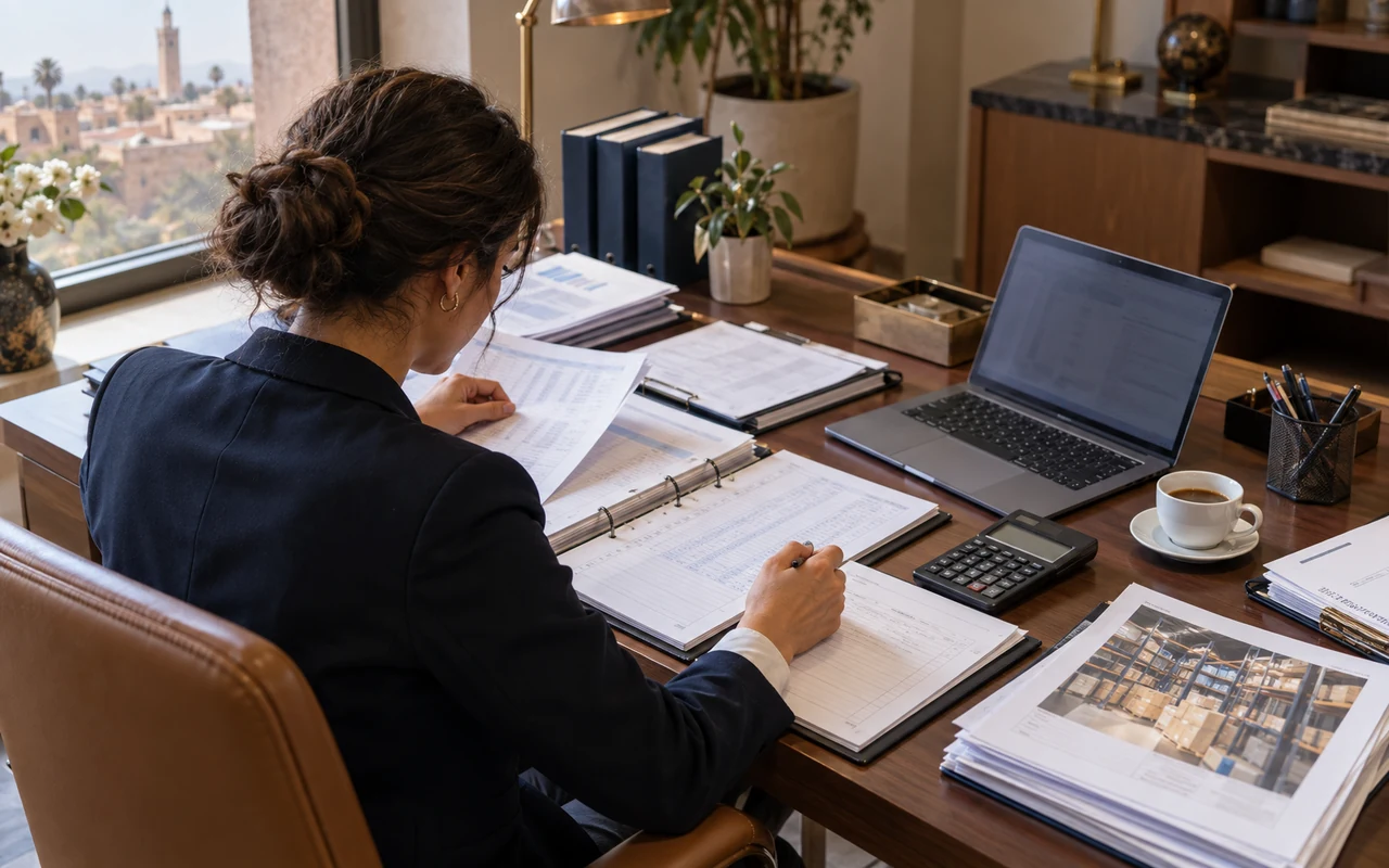 Comptable rapprochant un grand livre et des documents de fin d’exercice