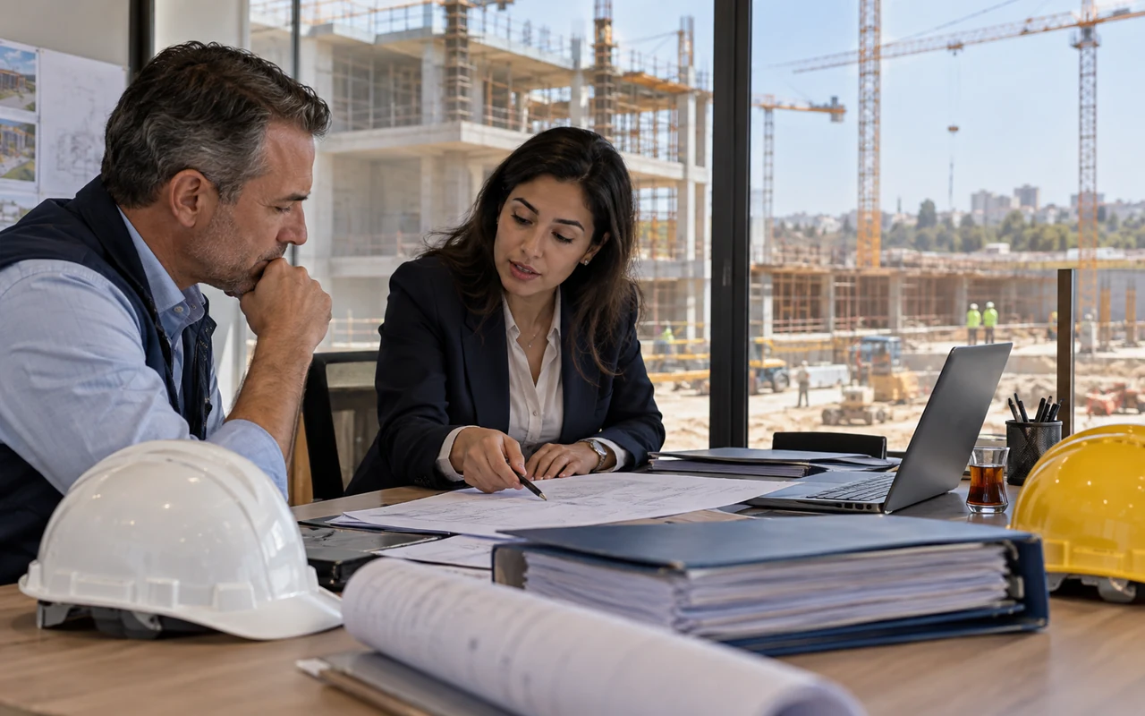 Responsables étudiant un dossier fiscal dans les bureaux d’un chantier international