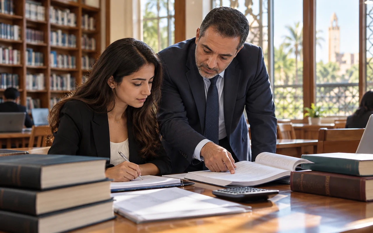 Étudiante en expertise comptable accompagnée par un professionnel dans une bibliothèque