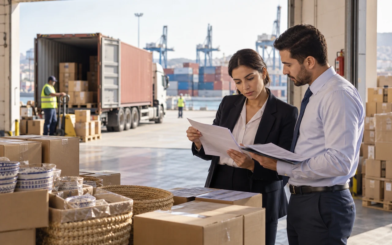 Responsables vérifiant les documents d’exportation près de marchandises prêtes à charger