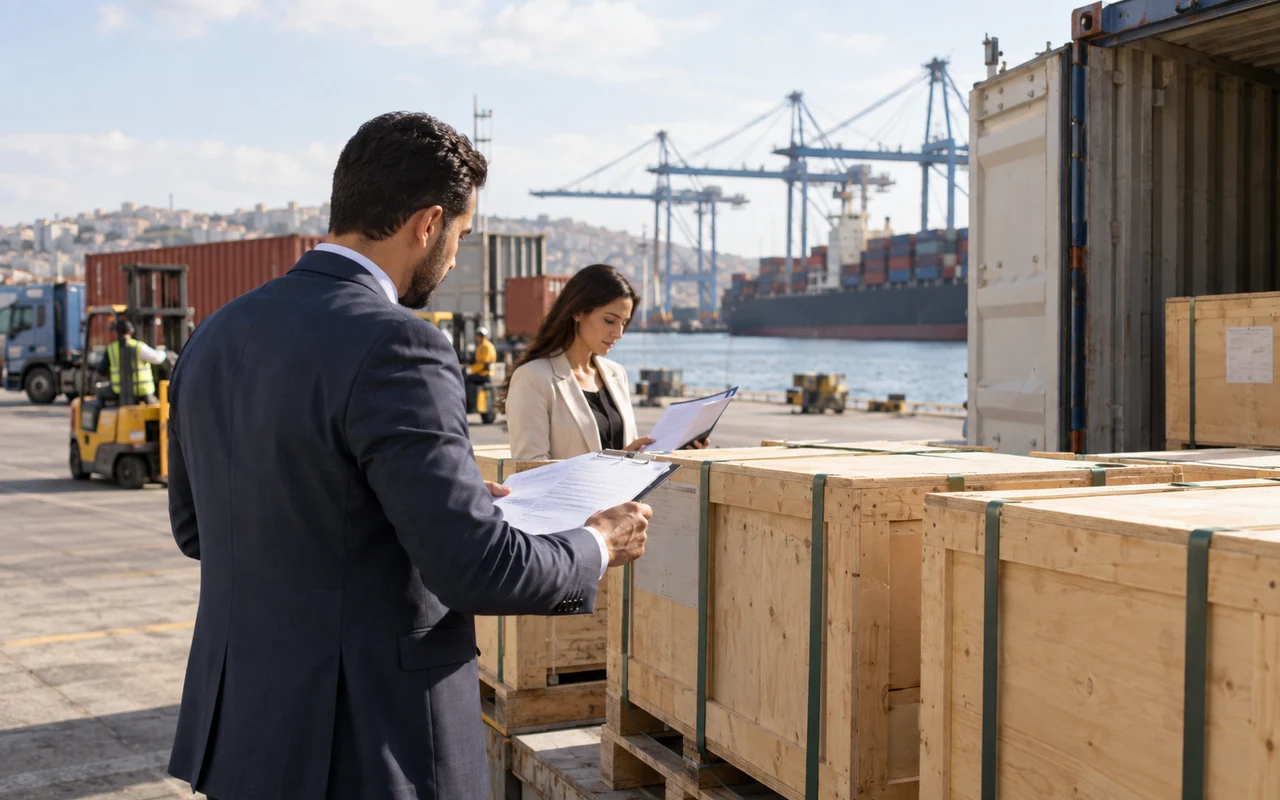 Responsables vérifiant des documents d’exportation près de caisses au port
