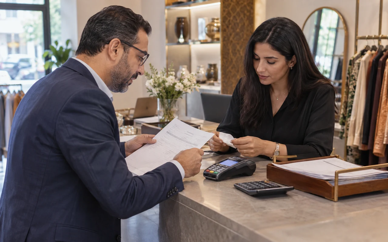 Commerçant et comptable rapprochant une facture de son justificatif de paiement