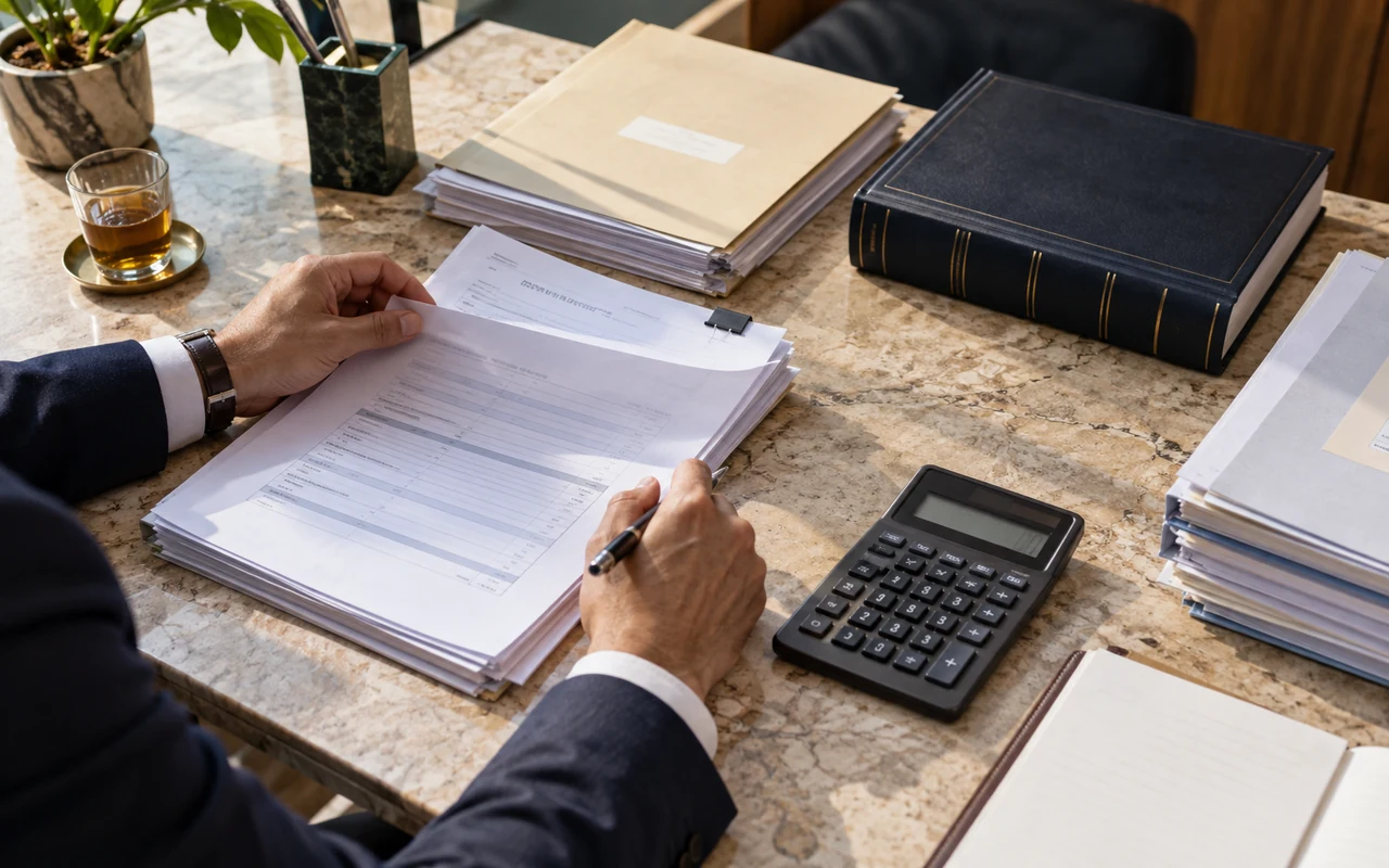 Documents fiscaux, ouvrage de référence et calculatrice sur le bureau d’un conseiller