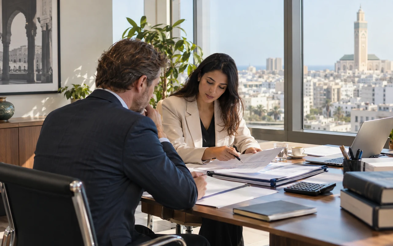 Professionnel expatrié examinant son dossier de paie avec une responsable RH