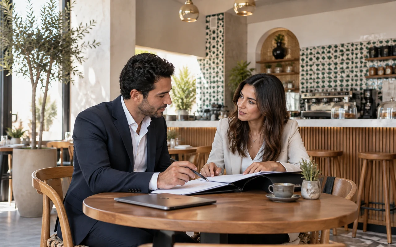 Entrepreneurs étudiant un contrat de franchise dans un café avant son ouverture