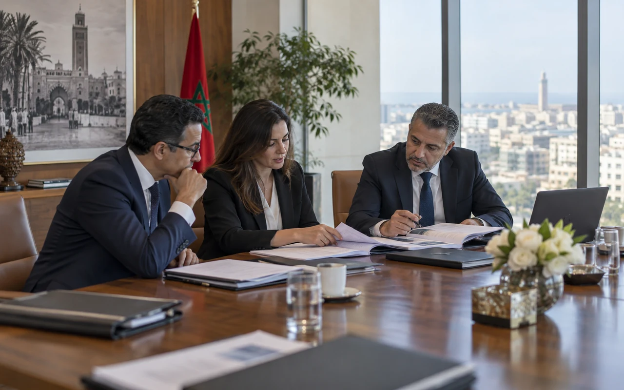 Dirigeants et conseiller examinant les dossiers financiers d’une acquisition d’entreprise