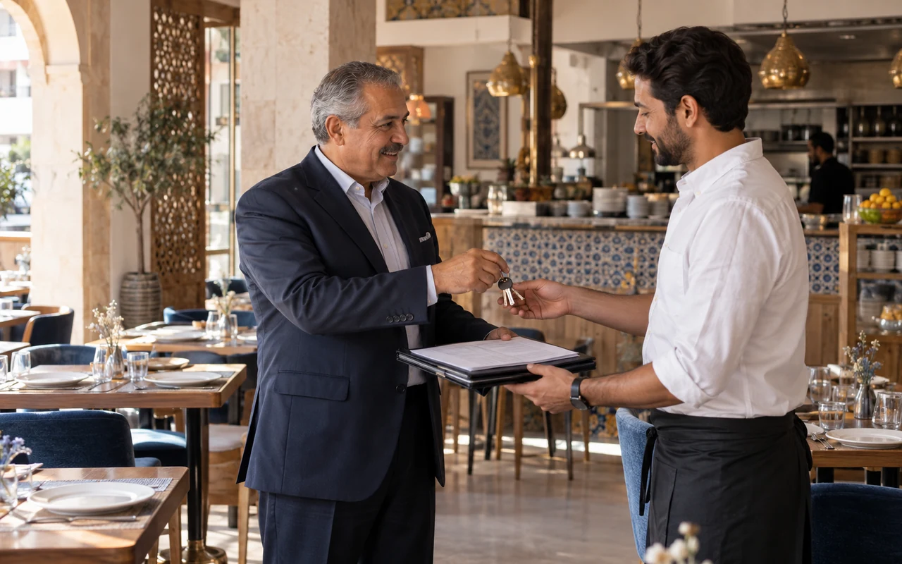 Restaurateur remettant les clés et le dossier de gestion à son locataire-gérant