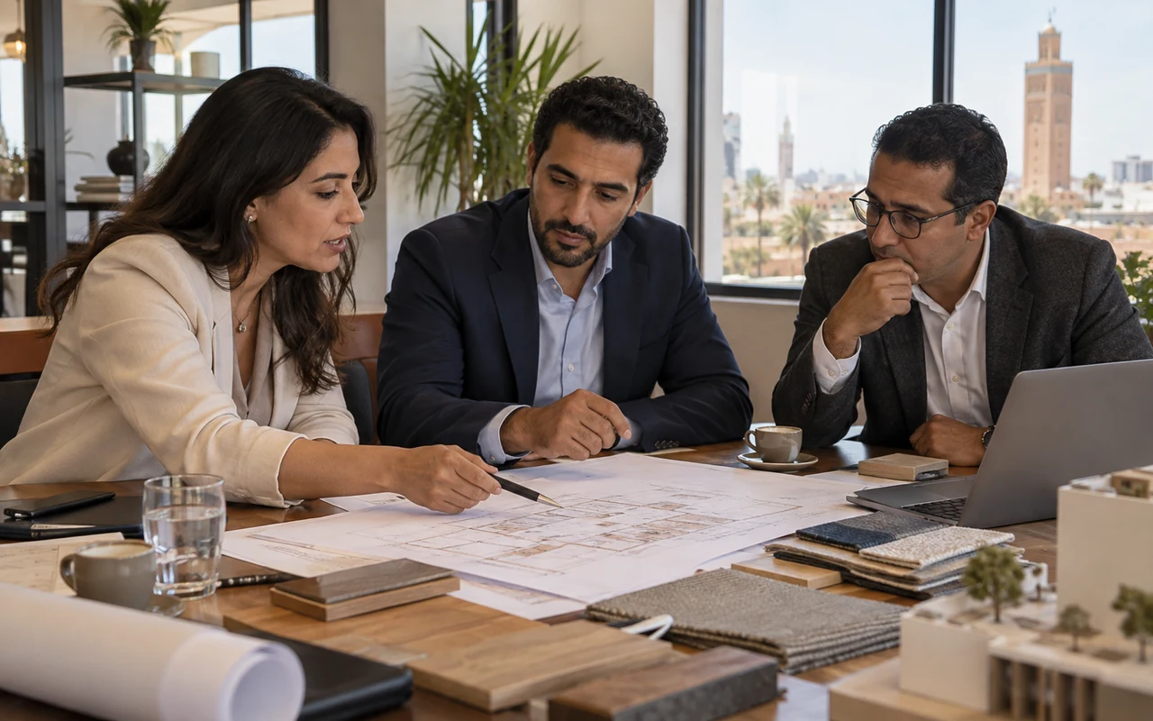Entrepreneurs réunis autour de plans et de matériaux pour un projet commun