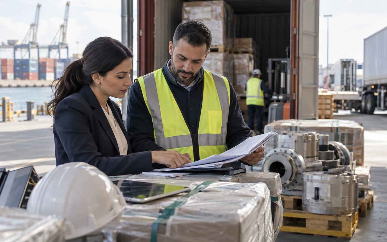 Responsable logistique et conseillère contrôlant des marchandises importées