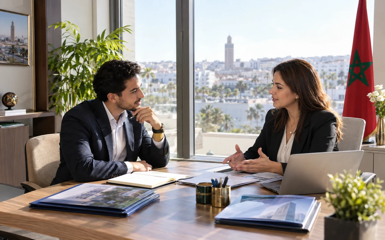Jeune investisseur et conseillère discutant de dossiers de placements au Maroc