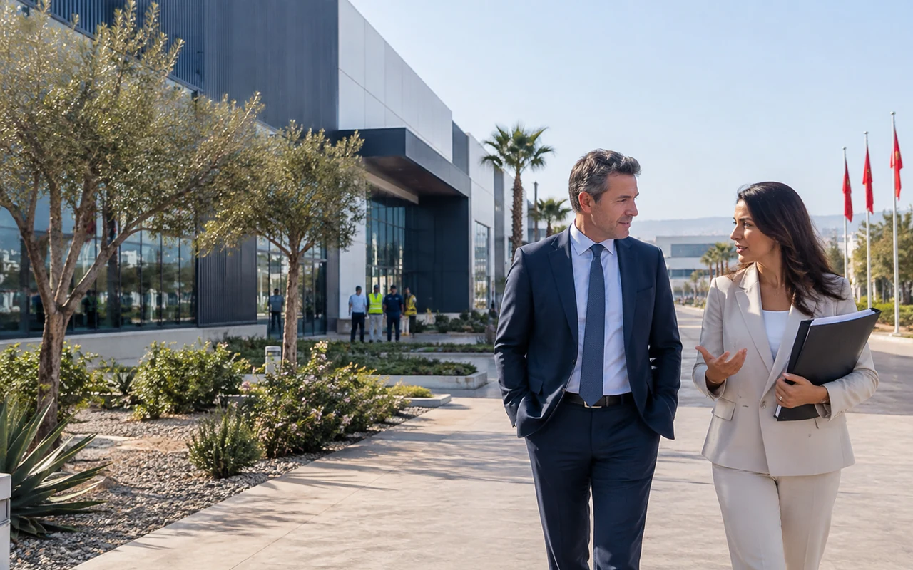 Investisseur étranger visitant un parc d’activités marocain avec un conseiller